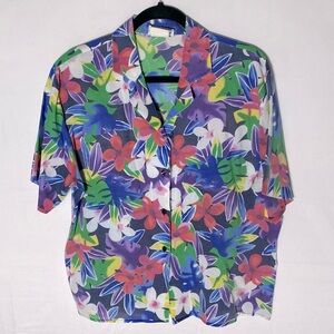 Vintage Sears Tradition Multi Colour Floral Short Sleeve Button Up Top L